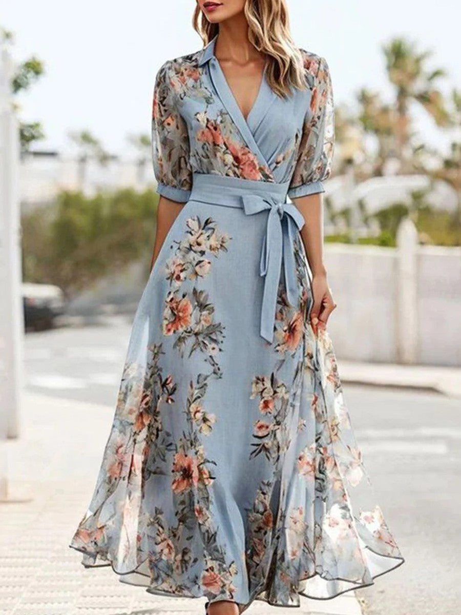 ELSIE | VESTIDO MIDI FLORAL COM DECOTE EM V PARA CONFORTO ELEGANTE