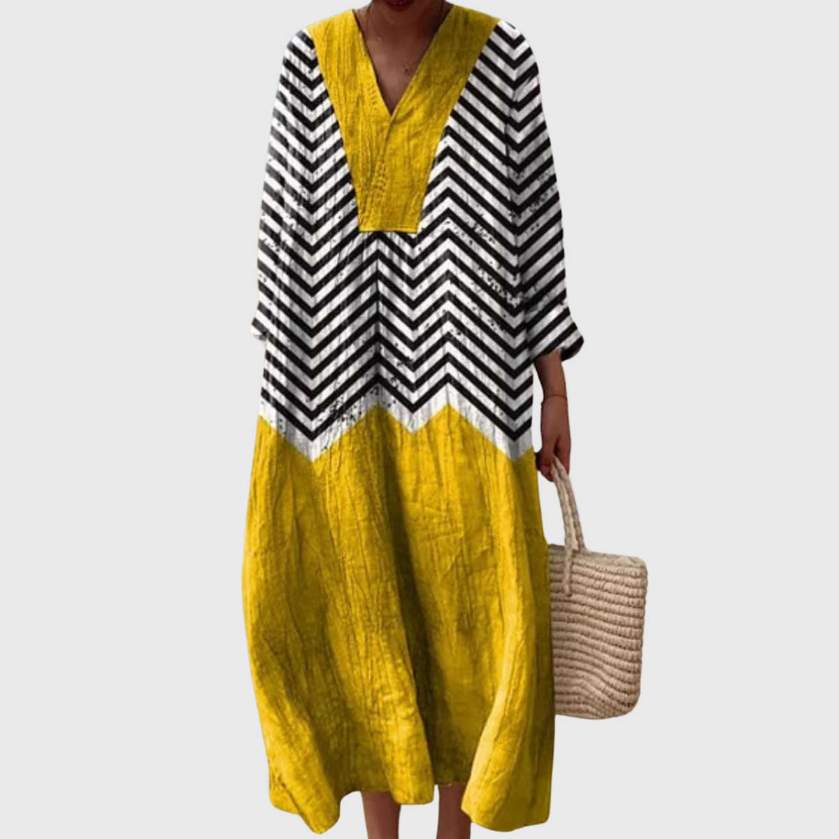 Nola | Vestido Midi Relaxado com Contrastante Chevron