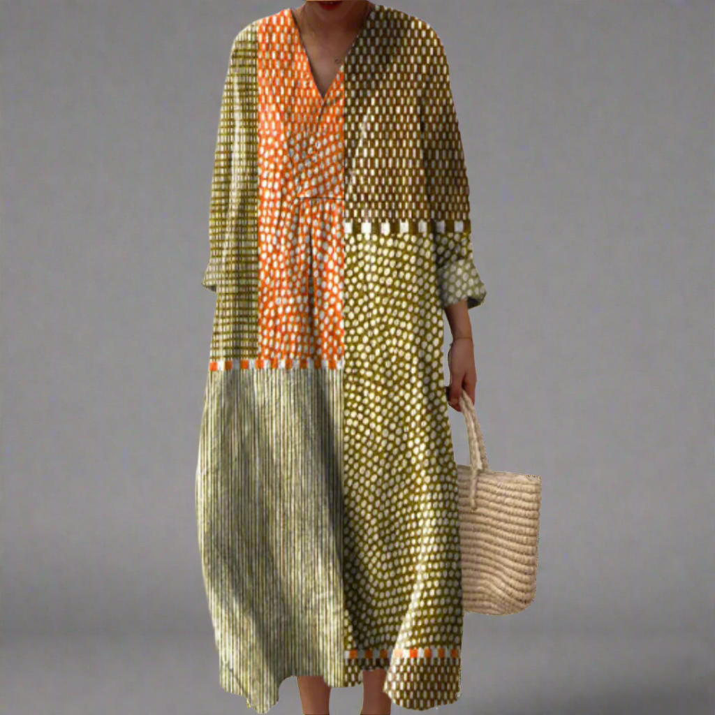 Vivienne | Vestido Midi Dotted em Patchwork Terroso